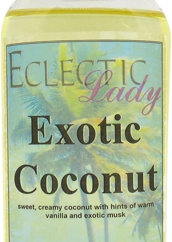 Exotic Coconut Massage Oil, 4 oz, With Sweet Almond Oil and Jojoba Oil, Preservative Free, Perfect for Aromatherapy and Relaxation