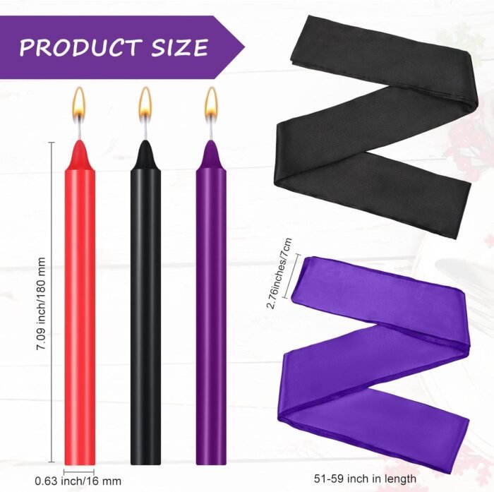 8 Pcs Low Temperature Candles Silk Blindfold Romantic Long Thin Drip Wax Play Candles Satin Eye Mask Sleeping Covers Blindfolds for Couple(Purple, Black) - Image 2
