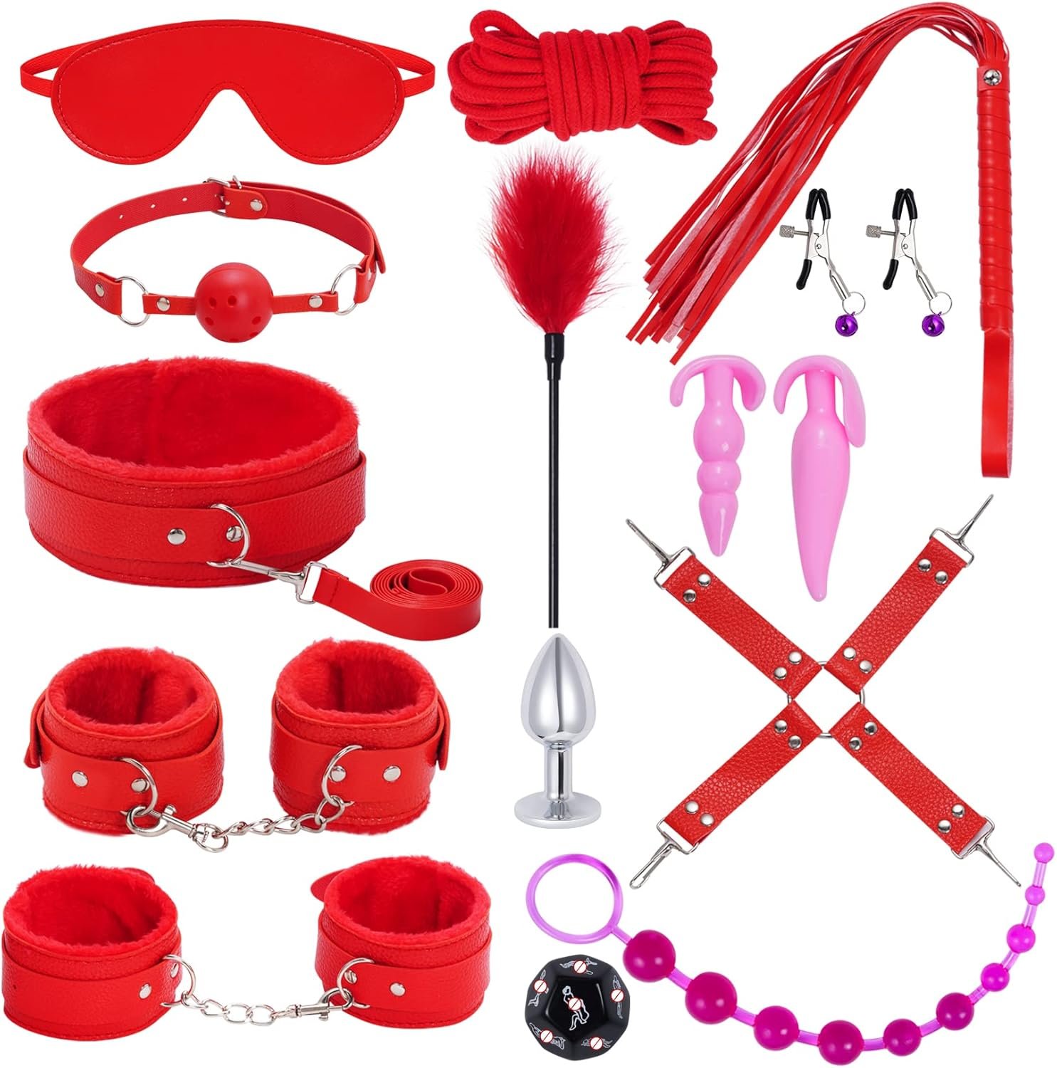 15Pcs Bondage Restraints Sex Toys Adult Games Kit SM Fetish Bed Restraints Set for Beginners Cuffs Blindfold Spanking Nipple Clamps Flogger Ball Gag Paddle Rope Anal Toys Red