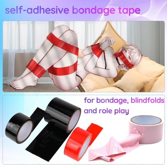 396ft Bondage Tape Electrostatic Sex Tape with Blindfold, 98ft*4Rolls Bondage Restraints Tape for BDSM Games, PVC Tapes for Couples Play (Width: 3.94" x 1Roll + 1.97" x 3Rolls) - Image 2