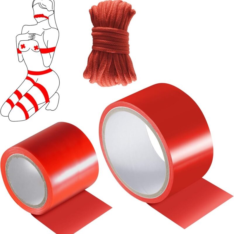 BDSM Bondage Restraints Tape Set - 2 Rolls Restraint Tape with Soft Bondage Rope for BDSM Games Adult Sex Toys Reusable Binding Sex Rope PVC Electrostatic Tape Sex Things for Couples Kinky (Red)