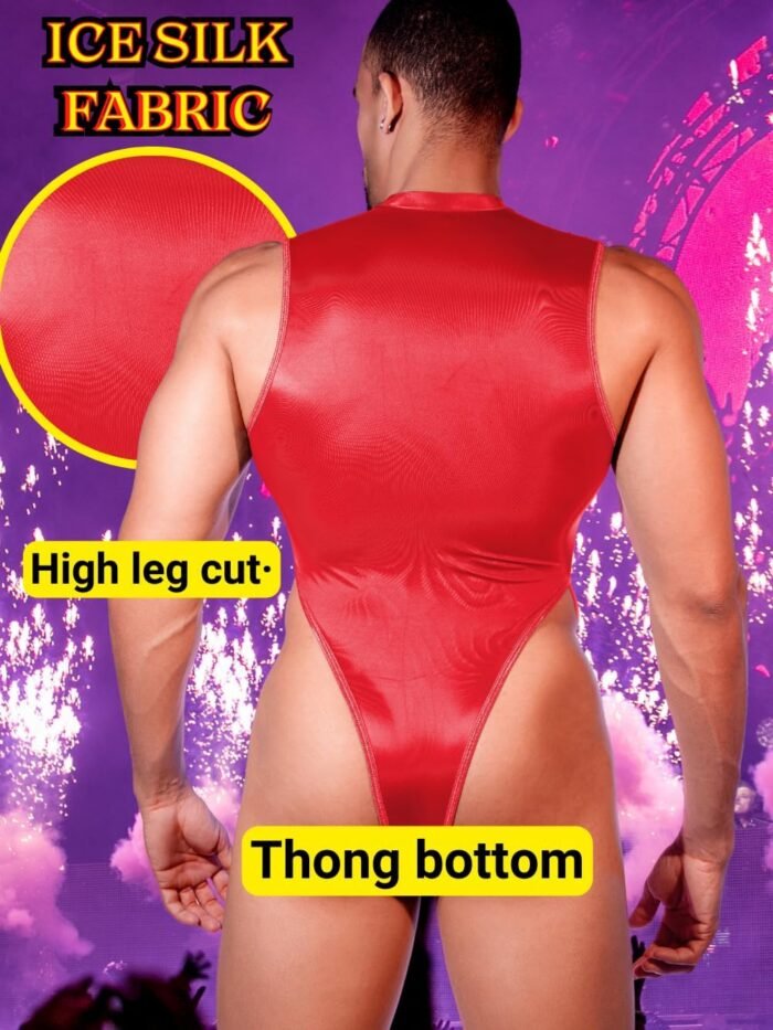 Mens Sexy Lingerie, Hook Crotch Thong High Cut Bodysuit Top Rave Outfit, Glossy Mock Neck Sheer Singlet Muscle Suit - Image 3