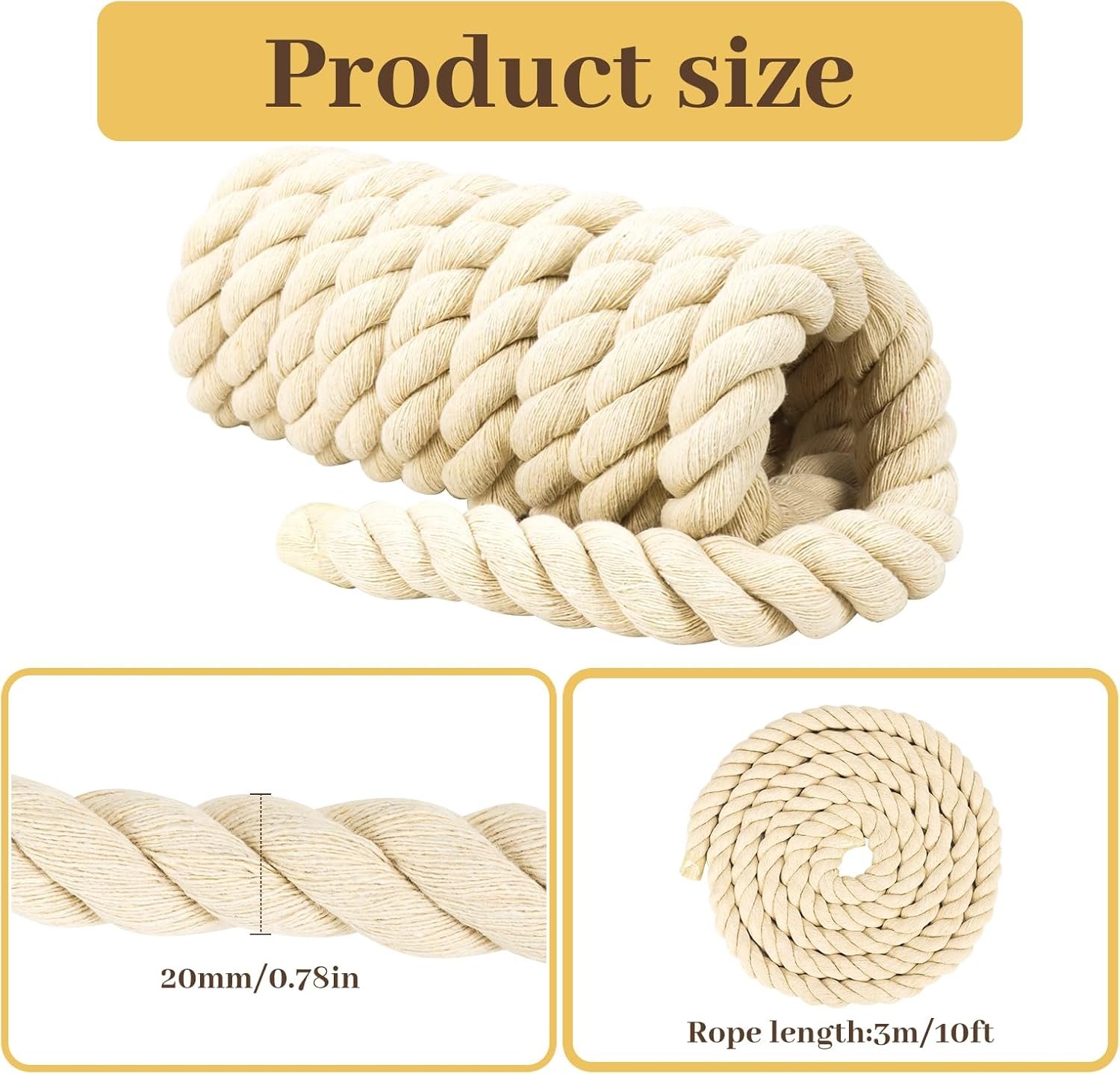 2 Pack 10ft Natural Twisted Cotton Rope - Strong Triple-Strand Rope for Sports, Crafts, Indoor/Outdoor Use - Image 2