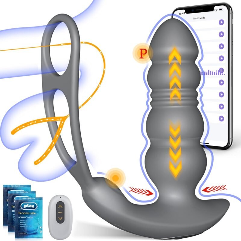 Prostate Massager Male Sex Toy - Thrusting Anal Plug Vibrator for Men with Vibrating Cock Ring, Vibrating Butt Plug Sex Toys Gay, Anal Dildo Vibrators Massaging Device, Consolador para Hombre
