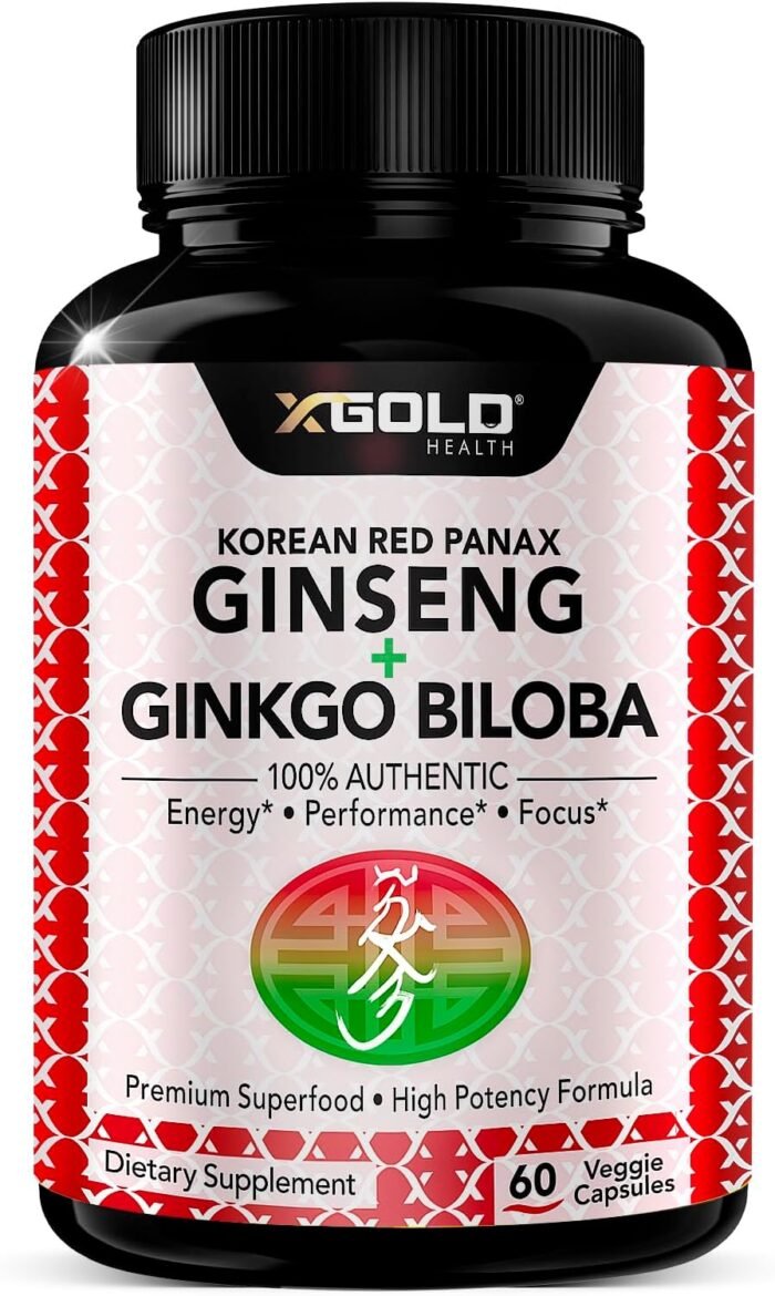Korean Red Panax Ginseng 1200mg + Ginkgo Biloba - Extra Strength Root Extract Powder Supplement w/High Ginsenosides Vegan Capsules for Energy, Performance & Focus - Supplement for Men & Women