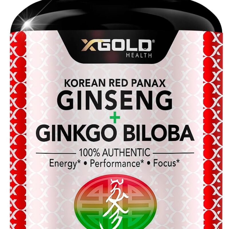 Korean Red Panax Ginseng 1200mg + Ginkgo Biloba - Extra Strength Root Extract Powder Supplement w/High Ginsenosides Vegan Capsules for Energy, Performance & Focus - Supplement for Men & Women