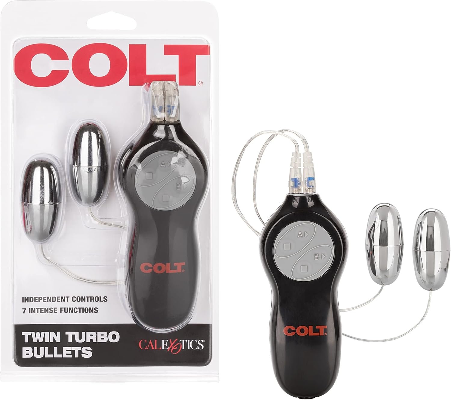 CalExotics Colt 7-Function Twin Turbo Bullet Vibrator - Sex Toys for Couples - Wired Adult Vibe Eggs Massager - Black