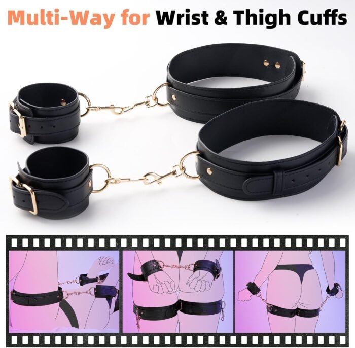 BDSM Kit Sex Breast Bondage Restraints, Upgrade 5 In 1 Detachable Wrist & Thigh Cuffs Neck to Thigh with Ball Gag Nipple Clamps, Adjustable Bed Restraints Sexy Harness,SM Game Sex toy for Women Couple - Image 4