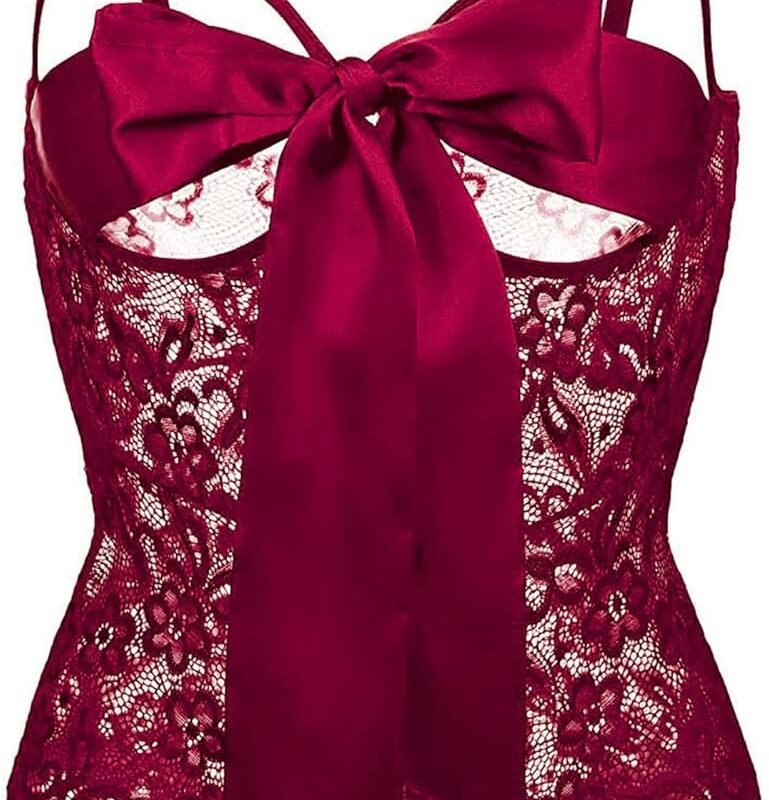 Women Teddy Lingerie Floral Lace Bodysuit Bow Front One Piece Babydoll Mini Bodysuit S-XXL