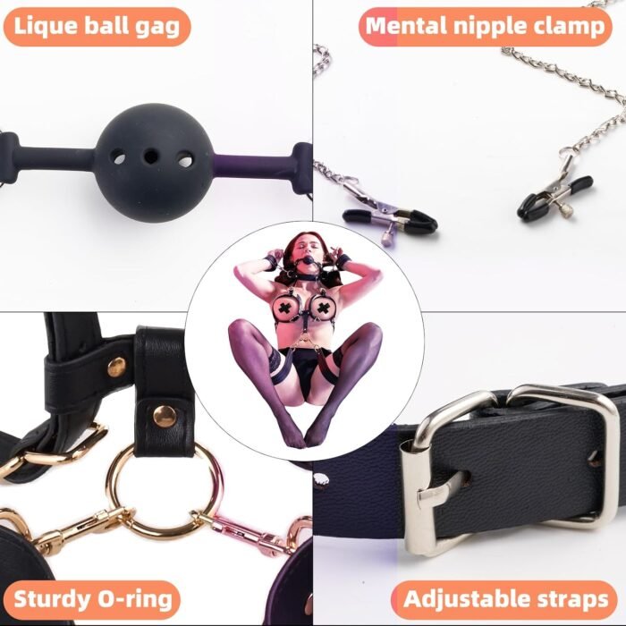 BDSM Kit Sex Breast Bondage Restraints, Upgrade 5 In 1 Detachable Wrist & Thigh Cuffs Neck to Thigh with Ball Gag Nipple Clamps, Adjustable Bed Restraints Sexy Harness,SM Game Sex toy for Women Couple - Image 2