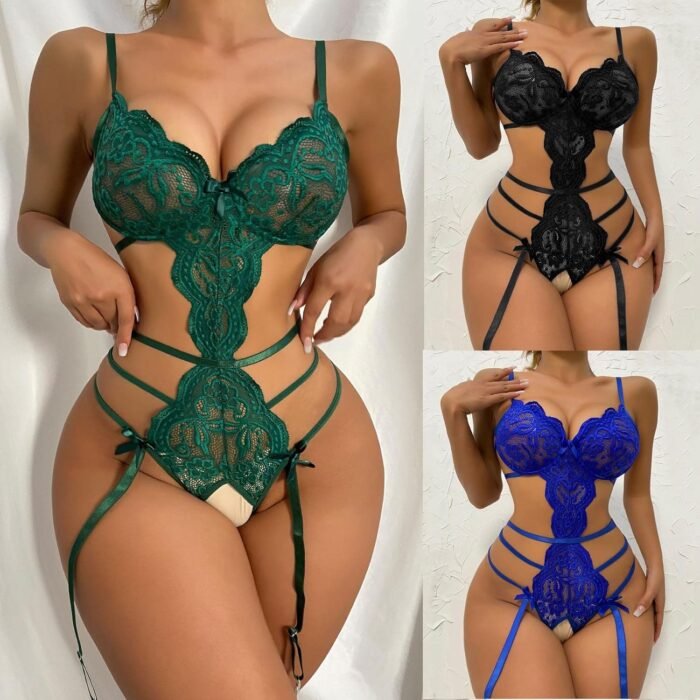 maisdgop Women Lingerie Set Sexy Lace Bow Hollow Out Bodysuit Fashion See Through Underwear Outfit Open File Erotic Bra Sets - Image 3