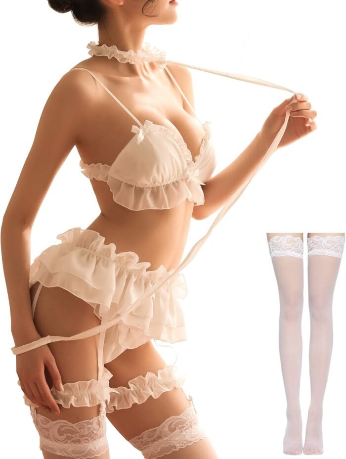 Women's Sexy Cosplay Lingerie Set Ruffle Baby Doll Teddy Outfit Bra an Pantie Nightie with Choker