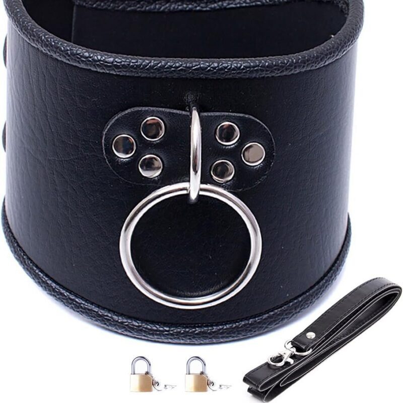 Adult Sexy Role-Playing Restraints O Ring Choker Dog Collar Leather Locking Neck Bondage Collar for BDSM (Pulling Rope,Padlock 2 Pieces)
