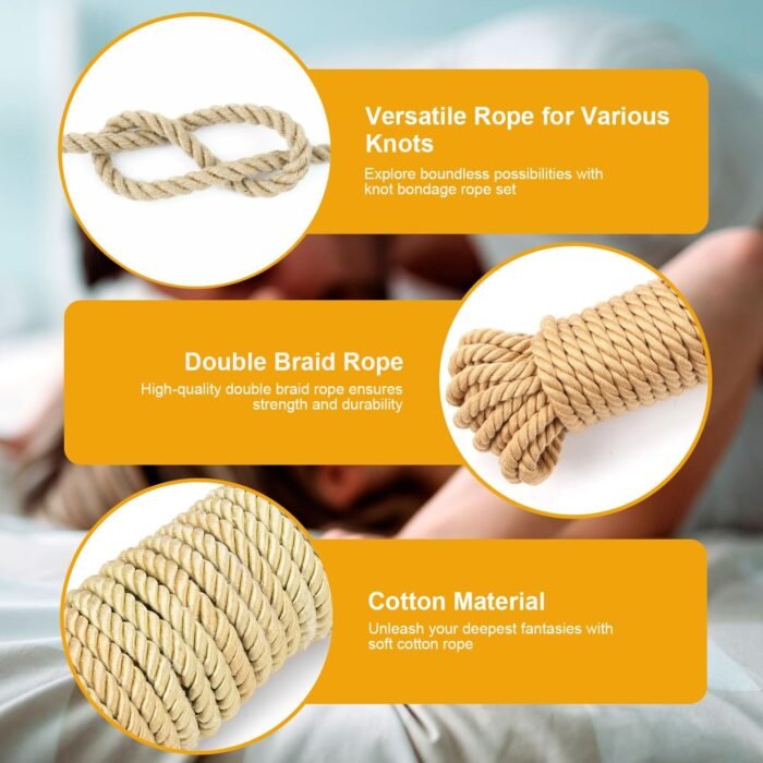 Cotton BDSM Bondage Rope Restraint Kit for Sex, 3 Pack 49 Feet Soft Shibari Rope Kit for Beginner, Bondage Restraint Adult Sex Toys BDSM Toys for Women, Men and Couples (8MM Yellow) - Image 4
