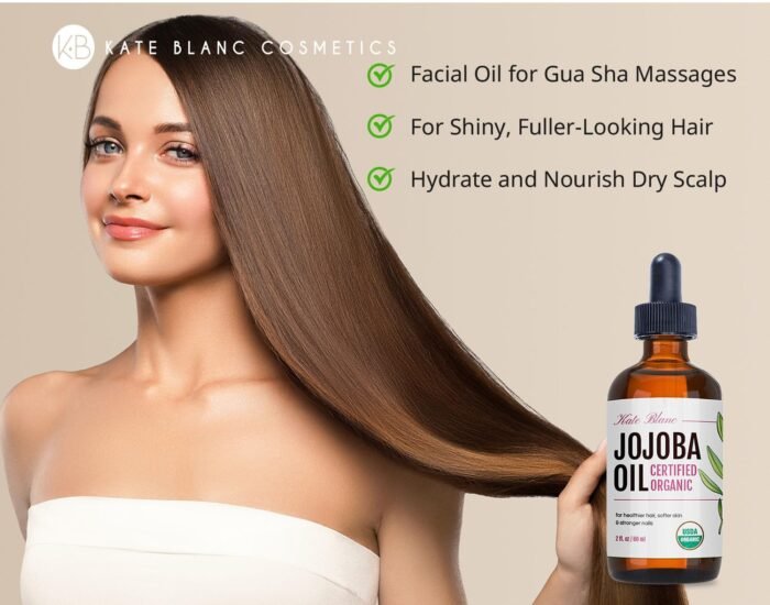 Kate Blanc Cosmetics Jojoba Oil for Hair, Face & Skin. Gua Sha Oil for Face Massage & Dermaplaning (2oz, Organic, 100% Pure, Natural) - Image 2