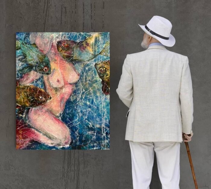 Original erotic art, large contemporary wall art, gift for him, bright textured art, original painting, topless girl, nude female, women art - Image 2