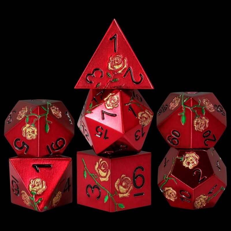 Rose Flower Form DND Metal Dice,7PCS Heavy Metal Dice Set,Polyhedral D&D Dice with Gift Case for Dungeons and Dragon RPG MTG Table Games(Red with Golden Rose)