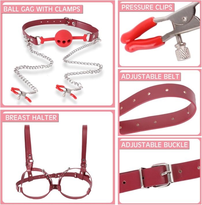 BDSM Sex Bondage Breast Restraints, B to D Cup Chest Harness Boobs Cincher with Silicone Ball Gag & Nipple Clamps, Sex Harness Kinky Lingerie Bra SM Games Sex Toys for Women Couples Beginner (Red) - Image 3