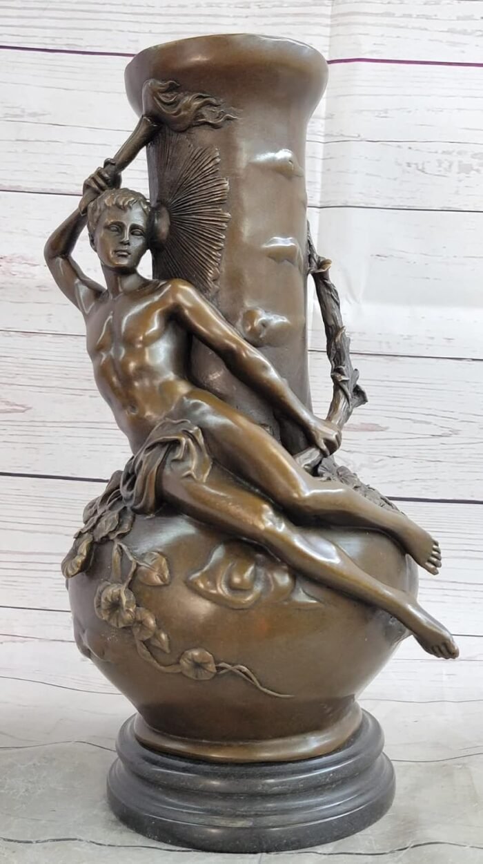 Erotic Art Nude Male Vase Holding a Torch Bronze Sculpture Marble Base Statue Handmade Decor Gift Sale by Think Bronze
