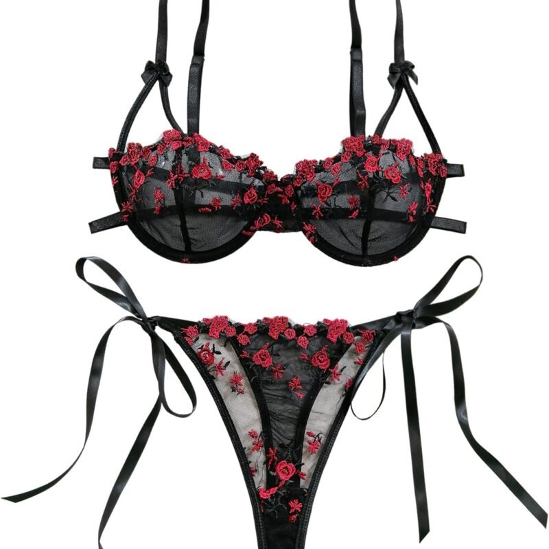 Lilosy Sexy Tie Side Cute Underwire Push Up Strappy Embroidered Mesh Sheer Lingerie Set