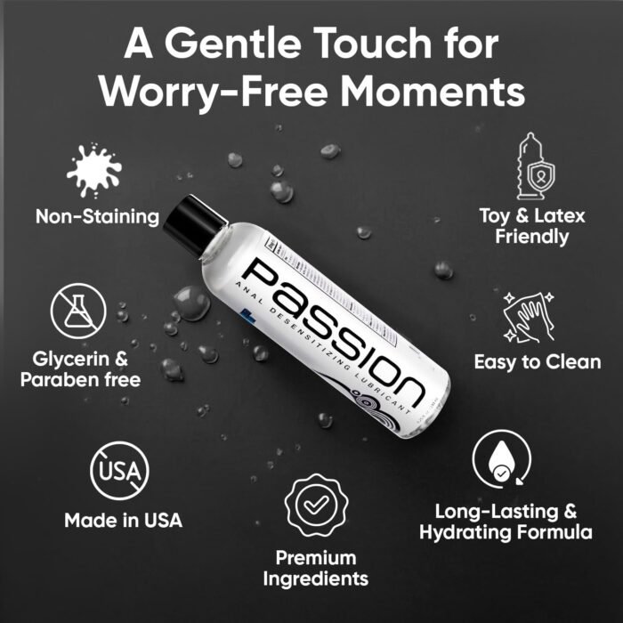 Passion Anal Desensitizing Lube, 8.25 Fl Oz - Maximum StrengthNatural Water-Based Lubricant for Comfortable Use, Long-Lasting Formula, Non-Staining & Easy to Clean - Image 5
