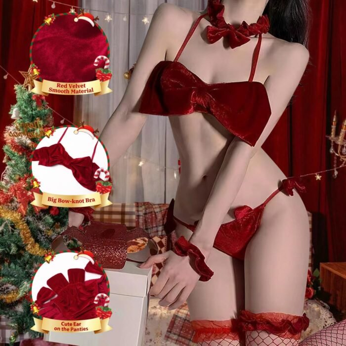 Women Christmas Cosplay Outfit Cute Bow Bra and Panty Set Velvet Sexy Santa Babydoll Lingerie Self Tie Strappy Bikini - Image 2