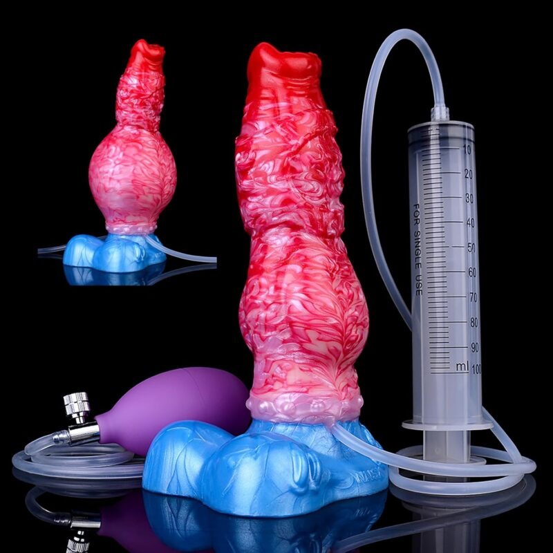 Inflatable Squirting Dildo Anal Plug Thick Big Dog Knot Dildo Animal fake penis Suction Cup Dildo Realistic Ejaculating Red Silicone Fantasy Dildo Anal Trainer Gay Sex Toy Men Women Couples 8.15'' (B)