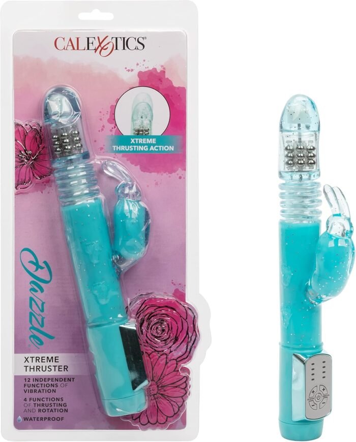 CalExotics Dazzle Xtreme Thruster – Thrusting 12 Function Rabbit Vibrator - Waterproof Vibe Sex Toys for Couples – Luxury Adult Hands Free G Spot Massager - Blue