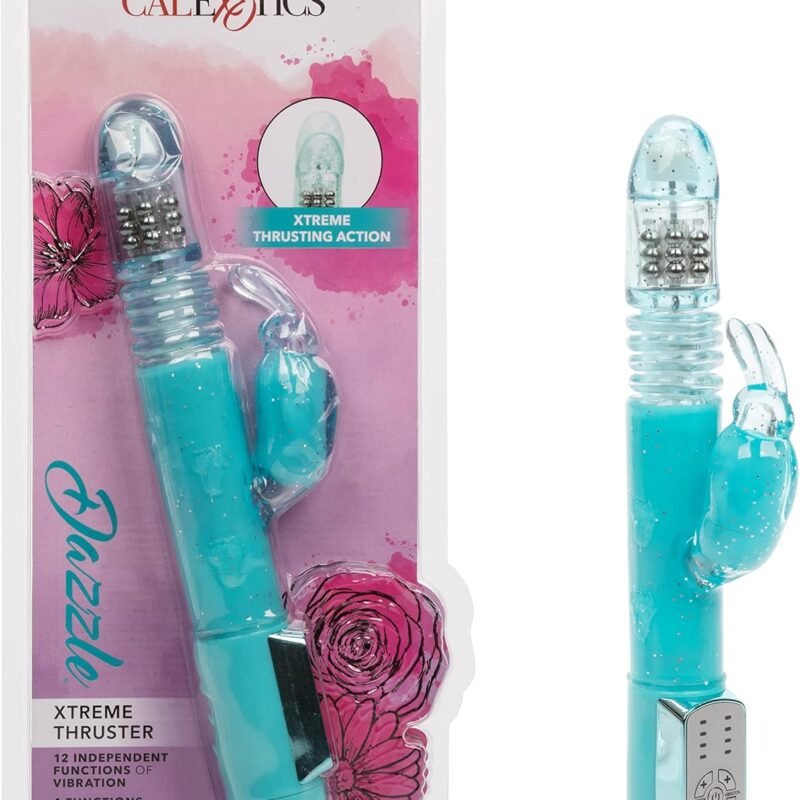 CalExotics Dazzle Xtreme Thruster – Thrusting 12 Function Rabbit Vibrator - Waterproof Vibe Sex Toys for Couples – Luxury Adult Hands Free G Spot Massager - Blue