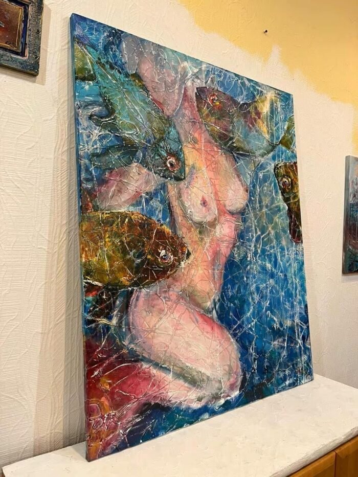 Original erotic art, large contemporary wall art, gift for him, bright textured art, original painting, topless girl, nude female, women art - Image 5