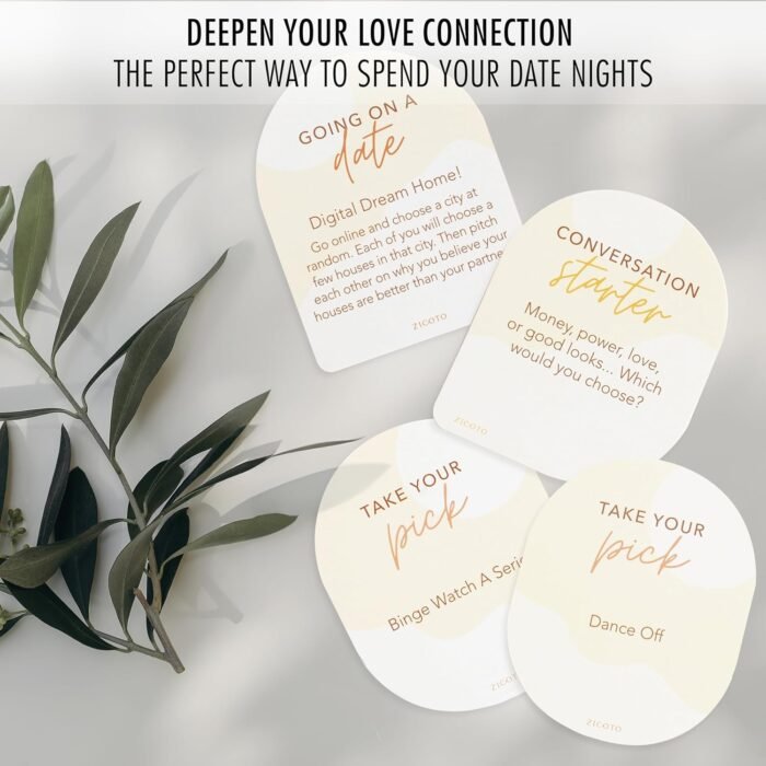 ZICOTO 100 Date Ideas and Couples Game Cards - Set of 3 Unique Games for Your Girlfriend, Boyfriend, Wife/Husband, Her/Him as a Gift for Christmas - 25x Date Night Cards, 50x Conversation Starters - Image 6