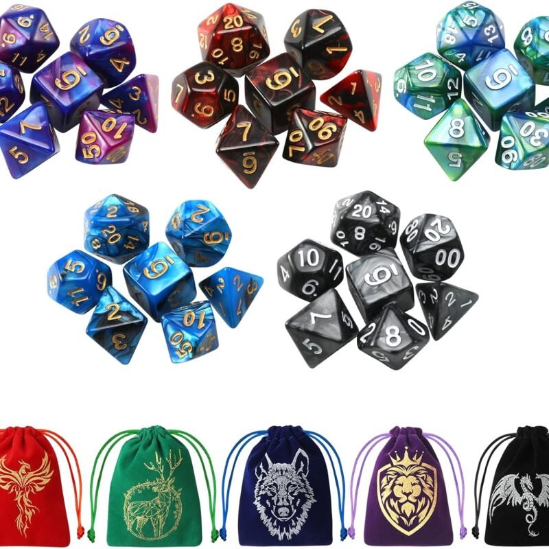 35Pcs DND Dice Set with 5 Colorful Animal Patterned Dice Pouches, Polyhedral Dice Sets for Dungeons and Dragons D&D TTRPG MTG Table Role Playing Games