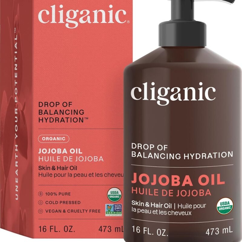 Cliganic Organic Jojoba Oil 16oz with Pump, 100% Pure | Bulk, Moisturizing Oil for Face, Hair, Skin & Nails | Natural Cold Pressed (Packaging May Vary)