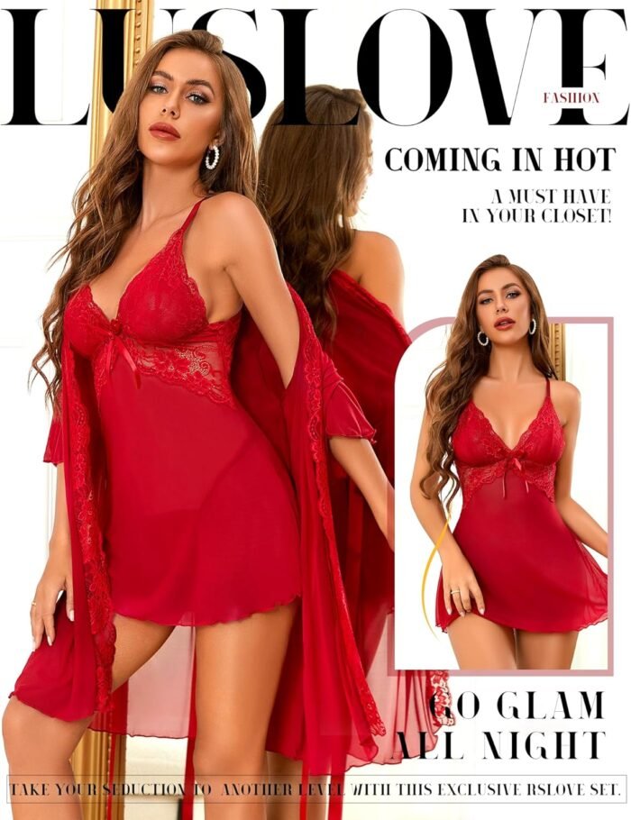 Women Sexy Lingerie Set 3 Piece Babydoll & Lace Kimono Robe Strap Chemise Nightgown Mesh Sleepwear - Image 2