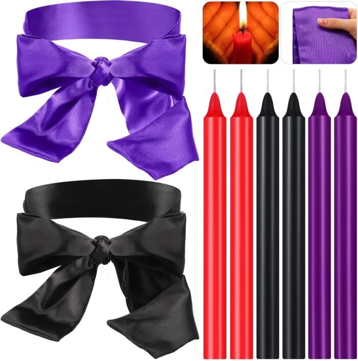 8 Pcs Low Temperature Candles Silk Blindfold Romantic Long Thin Drip Wax Play Candles Satin Eye Mask Sleeping Covers Blindfolds for Couple(Purple, Black)