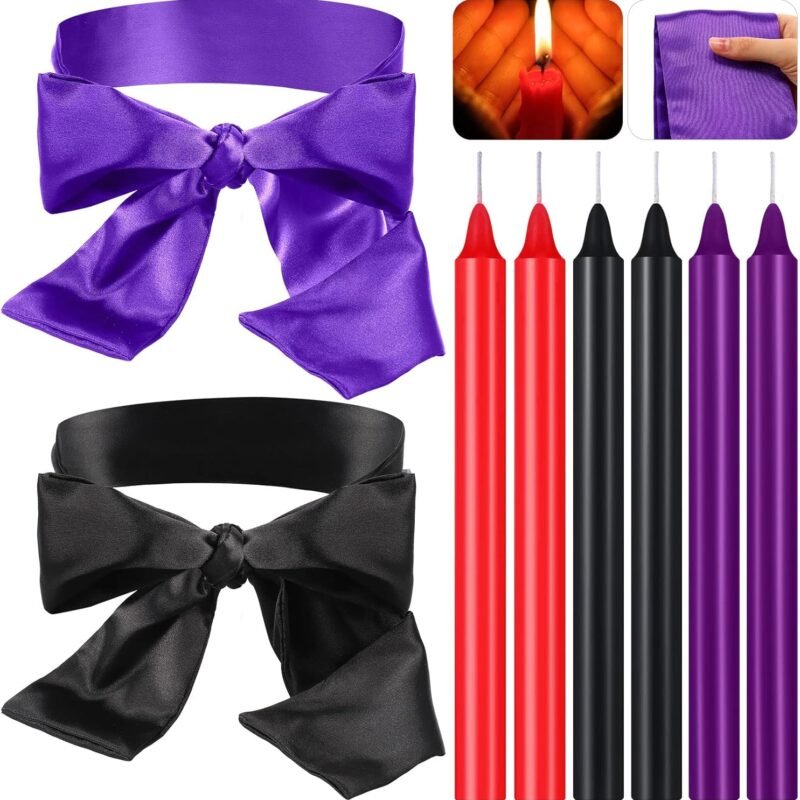 8 Pcs Low Temperature Candles Silk Blindfold Romantic Long Thin Drip Wax Play Candles Satin Eye Mask Sleeping Covers Blindfolds for Couple(Purple, Black)