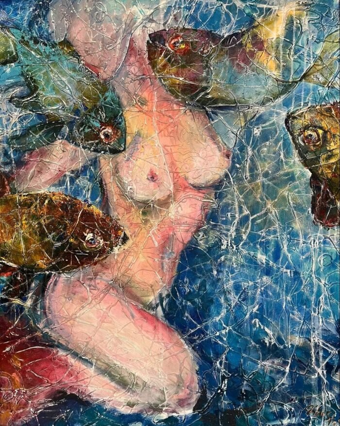 Original erotic art, large contemporary wall art, gift for him, bright textured art, original painting, topless girl, nude female, women art