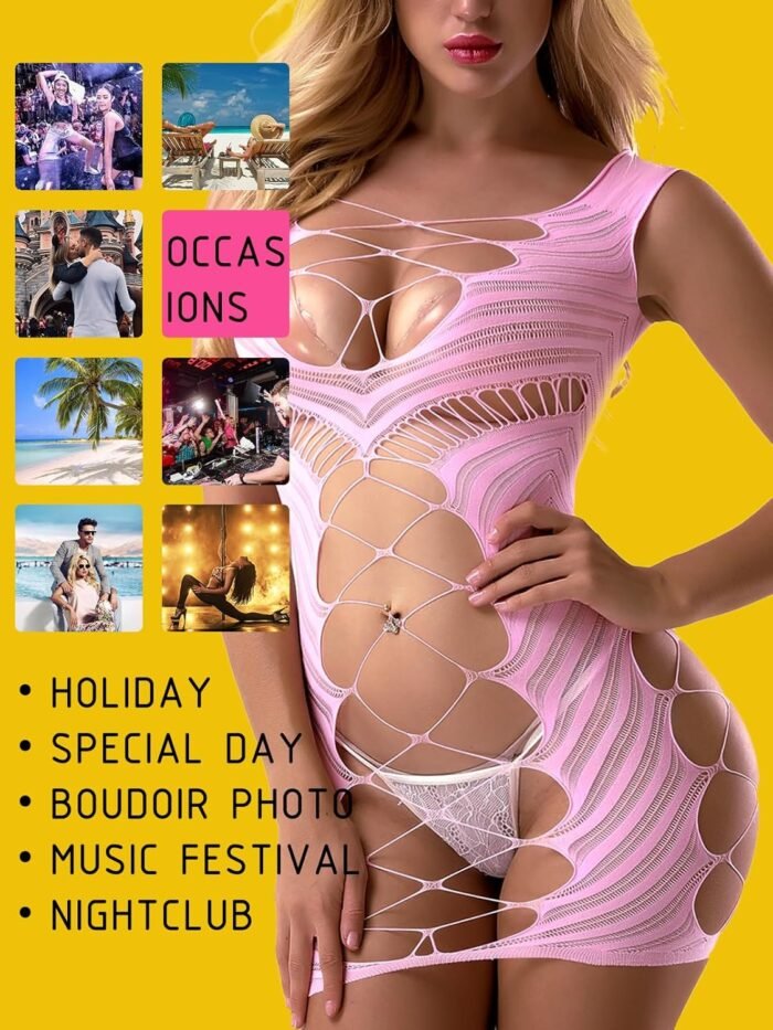 Sexy Lingerie for Women Fishnet Halter Chemise Deep V Hot Mesh Mini Dress Bodysuit Valentine's Day Stripper Outfits - Image 4
