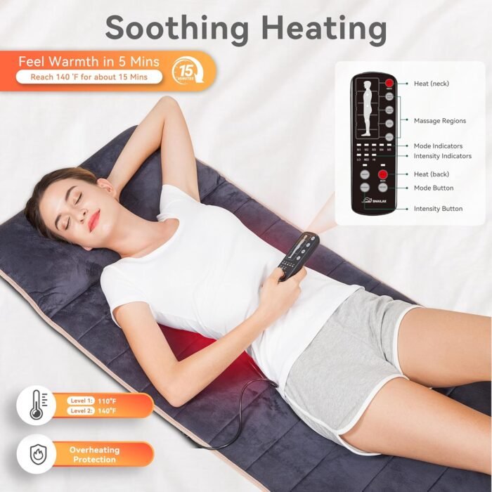 Snailax Memory Foam Full Body Massage Mat with Heat, Back Massager with 10 Vibration Motors, 6 Heating Pads, Massage Chair Pad for Neck, Back, Waist, Legs - Image 3