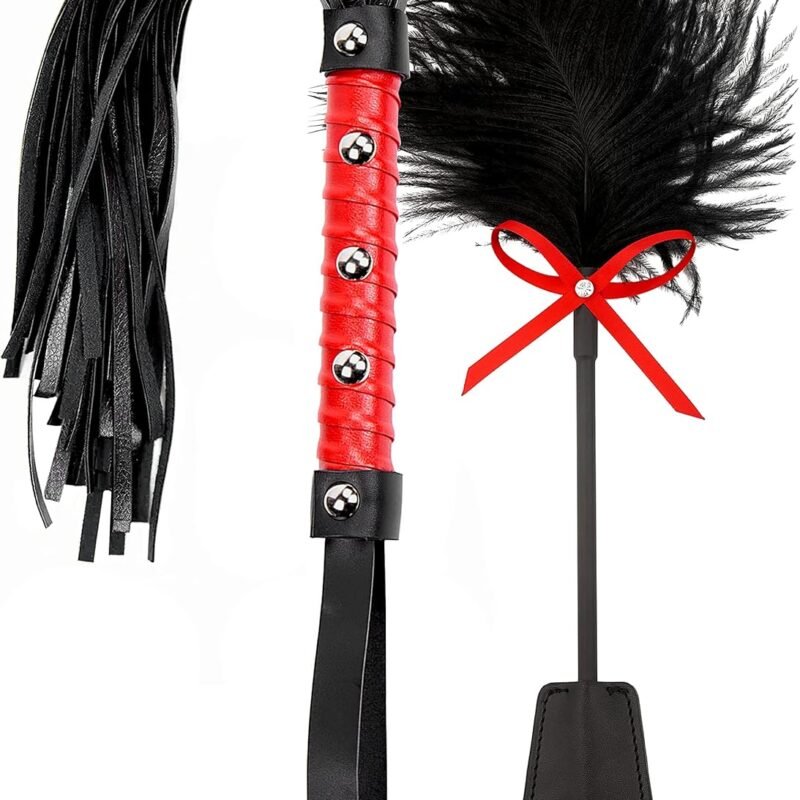 15" Feather Tickler and 18" Horse Whip Red Set - Faux Leather Horse Riding Whip - Red Horse Whip - French Tickler