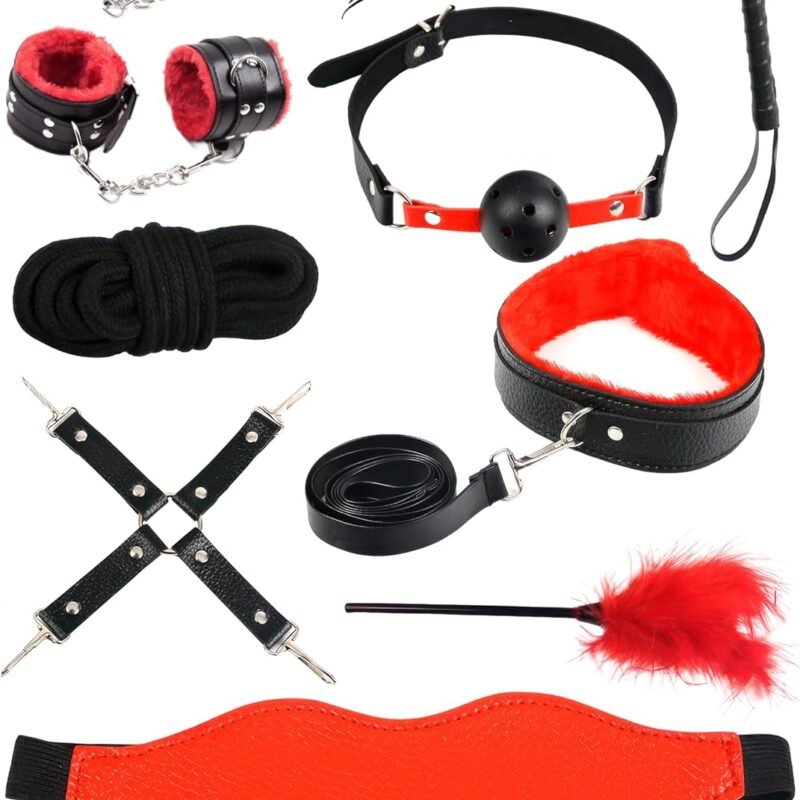 10pcs BDSM Set, Sex Toys for Women, Accessories for Adult, Collar with Pulling Belt, Spaking Whip, Adult Feather Tickler, Mask, Breathable Mouth Gag Ball and Fluffy Handcuffs