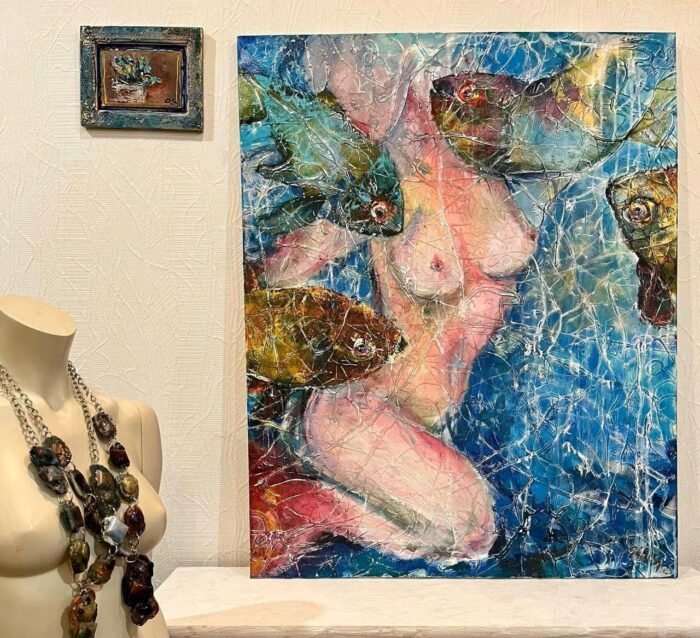 Original erotic art, large contemporary wall art, gift for him, bright textured art, original painting, topless girl, nude female, women art - Image 3