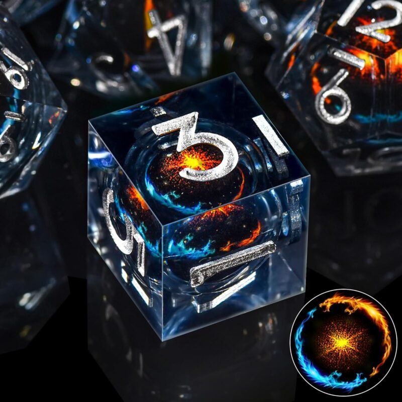 AUSTOR 7 Die DND Dice Set 7 Pieces Blue Golden Double Dragon Resin Dice Role Playing D and D Dice D20 D12 D10 D8 D6 D4 Sharp Edge Dungeons and Dragons Dice with Case