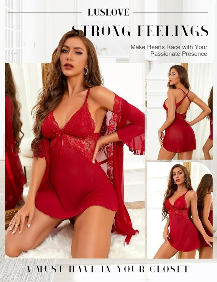 Women Sexy Lingerie Set 3 Piece Babydoll & Lace Kimono Robe Strap Chemise Nightgown Mesh Sleepwear - Image 3