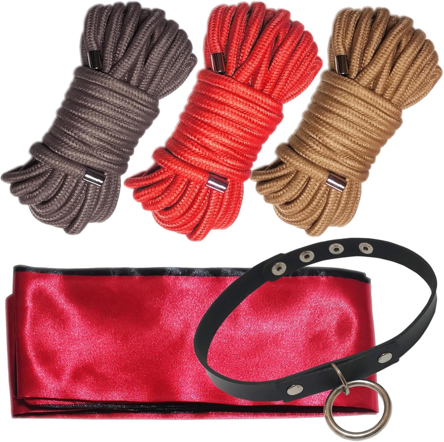 BDSM Shibari Bondage Cotton Rope Kit for Bedroom Play Bondaged Rope for Sex Blindfold Silk Eye Mask,Adult Sex Toy for Women couples's Game,32 Feet 8MM (3 Rope,1 SM Collar,1 Satin Eye Mask)