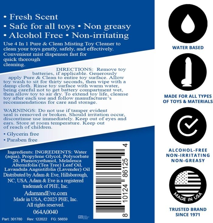 Adam and Eve 4 in 1 Pure and Clean Misting Adult Sex Toy Cleaner, Fast Acting Clear Spray with Fresh Scent, Easy to Use Wash for Silicone Dildos, Vibrators, Anal Toys, Couples Accessories, and Tools - Image 6