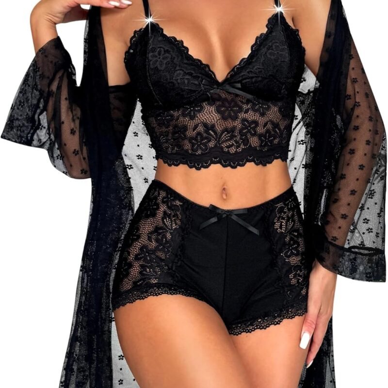 RSLOVE Women Sexy Lingerie Set - 3 Piece Lace Bra and Panty Sets with Mesh Kimono Robe Nightgown Sleepwear