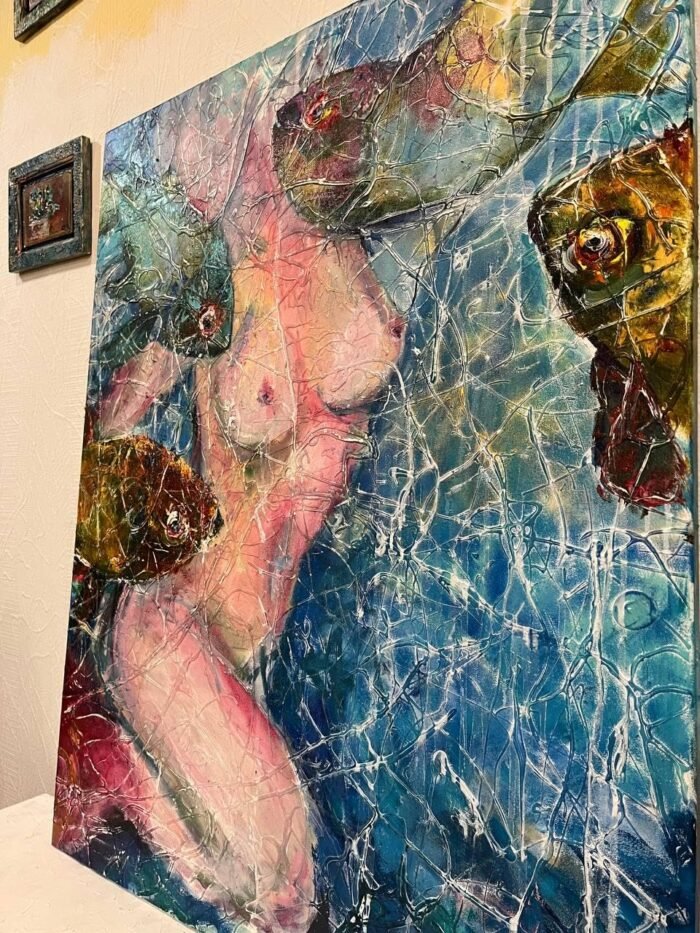 Original erotic art, large contemporary wall art, gift for him, bright textured art, original painting, topless girl, nude female, women art - Image 4