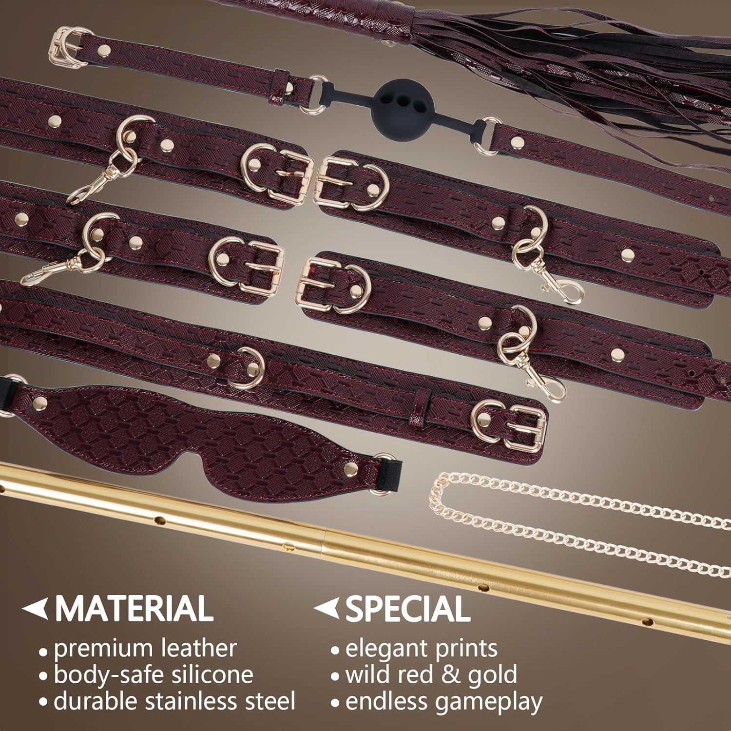 10PCS BDSM Kit Spreader Bar Sex Toys Furniture Restraints, Stunning Leather Bondage Set Handcuffs Ankle Cuffs for Couples Adult Sexual Games Play Kinky (Red, Adjustable) - Image 4