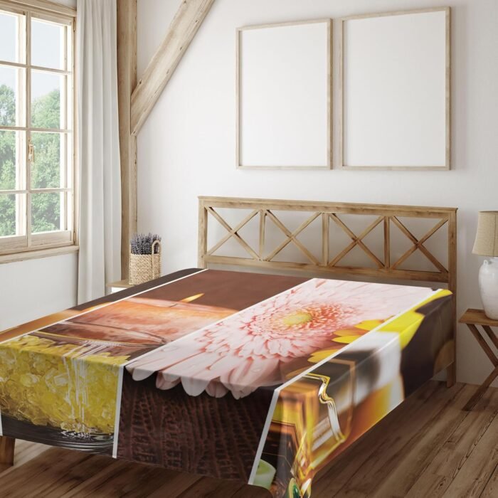 Ambesonne Exotic Flat Sheet, Aromatic Collage with Gerbera and Candles Exotic Body Therapy and Treatment, Soft and Comfortable Top Sheet Decorative Bedding 1 Piece, Full Size, Orange Brown - Image 2